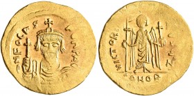 Phocas, 602-610. Solidus (Gold, 22 mm, 4.51 g, 7 h), Constantinopolis, 607-610. δ N FOCAS PERP AVI Draped and cuirassed bust of Phocas facing, wearing...