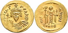 Phocas, 602-610. Solidus (Gold, 20 mm, 4.53 g, 7 h), Constantinopolis, 607-610. δ N FOCAS PERP AVI Draped and cuirassed bust of Phocas facing, wearing...