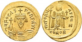 Phocas, 602-610. Solidus (Gold, 21 mm, 4.48 g, 7 h), Constantinopolis, 607-610. δ N FOCAS PERP AVI Draped and cuirassed bust of Phocas facing, wearing...