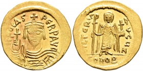 Phocas, 602-610. Solidus (Gold, 21 mm, 4.50 g, 7 h), Constantinopolis, 607-610. δ N FOCAS PERP AVI Draped and cuirassed bust of Phocas facing, wearing...