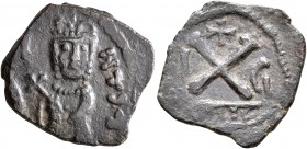 Phocas (?), 602-610. Dekanummium (Bronze, 18 mm, 2.00 g, 1 h), with Leontia, uncertain mint, RY 5 = 607. [...]NT.A Facing half-length figure of Leonti...