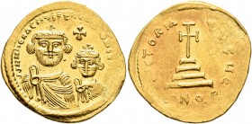 Heraclius, with Heraclius Constantine, 610-641. Solidus (Gold, 21 mm, 4.51 g, 7 h), Constantinopolis, circa 613-616. dd NN hERACLIЧS ET hERA CONST PP ...