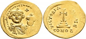 Heraclius, with Heraclius Constantine, 610-641. Solidus (Gold, 21 mm, 4.39 g, 7 h), Constantinopolis, circa 616-625. dd NN hERACLIЧS ET hER[A CONST P ...