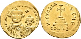Heraclius, with Heraclius Constantine, 610-641. Solidus (Gold, 21 mm, 4.46 g, 7 h), Constantinopolis, circa 616-625. dd NN hERACLIЧS ET hERA CON[ST P ...