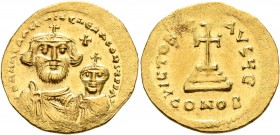 Heraclius, with Heraclius Constantine, 610-641. Solidus (Gold, 21 mm, 4.52 g, 7 h), Constantinopolis, circa 616-625. dd NN hERACLIЧS ET hERA CONST P P...