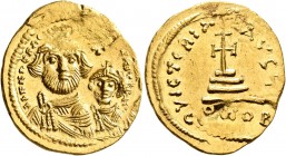 Heraclius, with Heraclius Constantine, 610-641. Solidus (Gold, 22 mm, 4.47 g, 7 h), Constantinopolis, circa 616-625. dd NN hERACLIЧS ET hERA CONST P P...