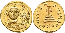 Heraclius, with Heraclius Constantine, 610-641. Solidus (Gold, 20 mm, 4.51 g, 7 h), Constantinopolis, circa 616-625. dd NN hERACLIЧS ET hERA CONST P P...