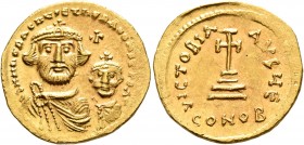 Heraclius, with Heraclius Constantine, 610-641. Solidus (Gold, 20 mm, 4.45 g, 7 h), Constantinopolis, circa 616-625. dd NN hERACLIЧS ET hERA CONST P P...