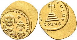 Heraclius, with Heraclius Constantine, 610-641. Solidus (Gold, 22 mm, 4.47 g, 6 h), Constantinopolis, circa 616-625. [dd NN h]ERA]CLIЧS ET hERA CONST ...