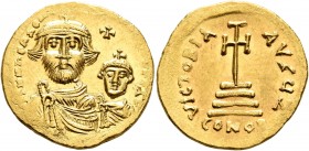 Heraclius, with Heraclius Constantine, 610-641. Solidus (Gold, 20 mm, 4.46 g, 7 h), Constantinopolis, circa 616-625. dd NN hERACLI[ЧS ET hERA CONST P ...