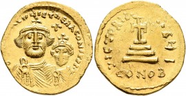 Heraclius, with Heraclius Constantine, 610-641. Solidus (Gold, 20 mm, 4.46 g, 7 h), Constantinopolis, circa 616-625. [dd NN hERA]CLIЧS ET hERA CONST P...