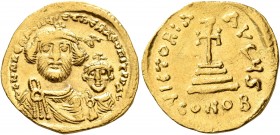 Heraclius, with Heraclius Constantine, 610-641. Solidus (Gold, 20 mm, 4.47 g, 7 h), Constantinopolis, circa 616-625. dd NN hERACLIЧS ET hERA CONST P P...
