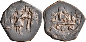 Heraclius, with Heraclius Constantine, 610-641. Follis (Bronze, 26 mm, 5.83 g, 7 h), Arab Byzantine war issue. Military mint in Palestine, likely Neap...