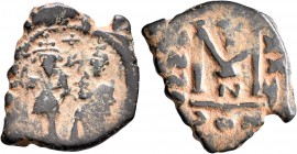 Heraclius, with Heraclius Constantine, 610-641. Follis (Bronze, 28 mm, 5.57 g, 7 h), Arab Byzantine war issue. Military mint in Palestine, likely Neap...