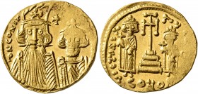 Constans II, with Constantine IV, Heraclius, and Tiberius, 641-668. Solidus (Gold, 19 mm, 4.31 g, 7 h), Constantinopolis, circa 661-663. Facing bust o...
