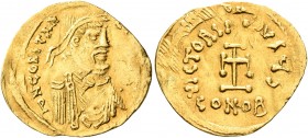 Constans II, 641-668. Tremissis (Gold, 18 mm, 1.43 g, 7 h), Constantinopolis. δ N CONSTAN[TINЧS P P AV] Diademed, draped and cuirassed bust of Constan...