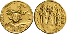 Constantine IV Pogonatus, with Heraclius and Tiberius, 668-685. Solidus (Gold, 19 mm, 4.17 g, 6 h), Constantinopolis, 668-673. δ N CONSANЧS P P Diadem...
