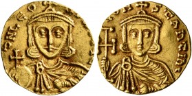 Leo III the "Isaurian", with Constantine V, 717-741. Tremissis (Gold, 15 mm, 1.40 g, 6 h), Syracuse, circa 735-741. δ N LЄON P A MЧ Crowned bust of Le...