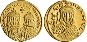 Constantine V Copronymus, with Leo IV, 741-775. Solidus (Gold, 20 mm, 4.44 g, 6 h), Constantinopolis, circa 751-757. COҺSTAҺTIҺOS S LЄOҺ O ҺЄOS Crowne...
