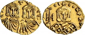 Constantine V Copronymus, with Leo IV, 741-775. Solidus (Gold, 22 mm, 3.86 g, 6 h), Syracuse, 751-775. CONTA IT Crowned facing busts of Constantine V ...