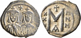 Nicephorus I, with Stauracius, 802-811. Follis (Bronze, 23 mm, 5.81 g, 6 h), Constantinopolis. Facing busts of Nicephorus I, with short beard, wearing...