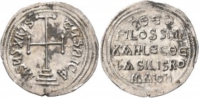 Theophilus, with Michael III, 829-842. Miliaresion (Silver, 24 mm, 1.60 g, 12 h), Constantinopolis, 840-842. IҺSЧS XRISTЧS ҺICA Cross potent set on th...