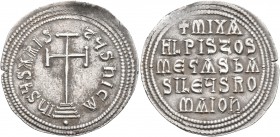 Michael III "the Drunkard", 842-867. Miliaresion (Silver, 24 mm, 2.27 g, 1 h), Constantinopolis, circa 856-866. IҺSЧS XRISTЧS ҺICA Cross potent set on...