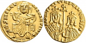 Basil I the Macedonian, with Constantine, 867-886. Solidus (Gold, 20 mm, 4.33 g, 6 h), Constantinopolis, 868-879. +IhS XPS RЄX RЄςNANTIЧM✱ Christ, nim...