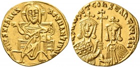 Basil I the Macedonian, with Constantine, 867-886. Solidus (Gold, 19 mm, 4.24 g, 7 h), Constantinopolis, 868-879. +IhS XPS RЄX RЄςNANTIЧM✱ Christ, nim...