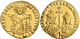 Basil I the Macedonian, with Constantine, 867-886. Solidus (Gold, 19 mm, 4.32 g, 7 h), Constantinopolis, 868-879. +IhS XPS RЄX RЄςNANTIЧM✱ Christ, nim...