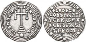 Leo VI the Wise, with Constantine VII, 886-912. Miliaresion (Silver, 24 mm, 2.75 g, 1 h), Constantinopolis. IҺSЧS XRISTЧS ҺICA Cross potent set on thr...