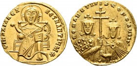 Constantine VII Porphyrogenitus, with Romanus I and Christopher, 913-959. Solidus (Gold, 20 mm, 4.59 g, 7 h), Constantinopolis, circa 924-931. +IҺS XP...