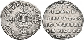 John I Zimisces, 969-976. Miliaresion (Silver, 20 mm, 2.19 g, 6 h), Constantinopolis. +IҺSЧS XRISTЧS ҺICA✷ Cross crosslet set upon globe above two ste...