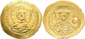 Constantine IX Monomachus, 1042-1055. Histamenon (Gold, 26 mm, 4.38 g, 7 h), Constantinopolis, 1042-1055. +IhS XIS RЄX RЄςNANTIҺm Nimbate bust of Chri...