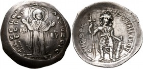 Constantine IX Monomachus, 1042-1055. Miliaresion (Silver, 27 mm, 2.78 g, 6 h), Constantinopolis. +ΔECΠOINA CⲰZOIC The Virgin orans, nimbate, standing...