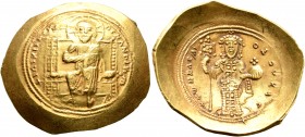 Constantine X Ducas, 1059-1067. Histamenon (Gold, 27 mm, 4.42 g, 6 h), Constantinopolis. +IhS XIS RЄX RЄςNANTҺIm Christ, nimbate, seated facing on squ...