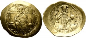 Constantine X Ducas, 1059-1067. Histamenon (Gold, 27 mm, 4.38 g, 5 h), Constantinopolis. +IhS XIS RЄX RЄςNANTҺIm Christ, nimbate, seated facing on squ...