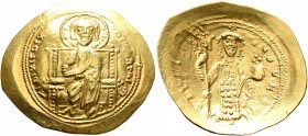 Constantine X Ducas, 1059-1067. Histamenon (Gold, 27 mm, 4.38 g, 5 h), Constantinopolis. +IhS XIS RЄX RЄςNANTҺIm Christ, nimbate, seated facing on squ...