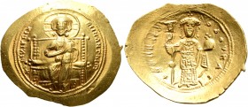 Constantine X Ducas, 1059-1067. Histamenon (Gold, 26 mm, 4.44 g, 6 h), Constantinopolis. +IhS XIS RЄX RЄςNANTҺIm Christ, nimbate, seated facing on squ...