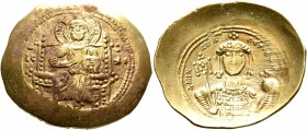 Michael VII Ducas, 1071-1078. Histamenon (Electrum, 28 mm, 4.46 g, 7 h), Constantinopolis. Christ, nimbate, seated facing on square-backed throne, wea...