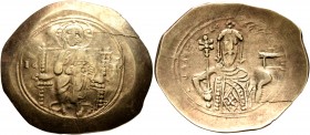 Alexius I Comnenus, 1081-1118. Histamenon (Electrum, 31 mm, 4.38 g, 6 h), Constantinopolis. Christ, nimbate, seated facing on square-backed throne, we...