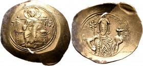 Alexius I Comnenus, 1081-1118. Histamenon (Electrum, 32 mm, 4.43 g, 7 h), Constantinopolis. Christ, nimbate, seated facing on square-backed throne, we...