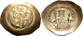 Alexius I Comnenus, 1081-1118. Histamenon (Electrum, 32 mm, 4.34 g, 7 h), Constantinopolis. Christ, nimbate, seated facing on square-backed throne, we...