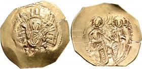 Michael VIII Palaeologus, 1261-1282. Hyperpyron (Electrum, 27 mm, 4.24 g, 7 h), Constantinopolis. Bust of Virgin Mary, orans, within city walls furnis...