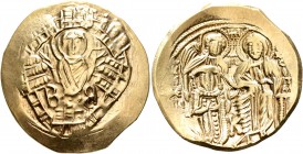 Michael VIII Palaeologus, 1261-1282. Hyperpyron (Electrum, 26 mm, 4.36 g, 6 h), Constantinopolis. Bust of Virgin Mary, orans, within city walls furnis...