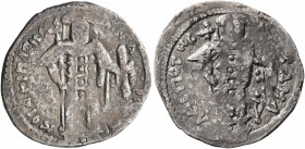 Andronicus II Palaeologus, with Michael IX, 1282-1328. Basilikon (Silver, 18 mm, 1.52 g, 5 h), Constantinopolis, circa 1305-1320. ΑNΔPONIKOC ΔЄCΠOTHC ...