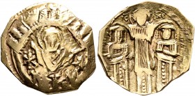 Andronicus II Palaeologus, with Michael IX, 1282-1328. Hyperpyron (Electrum, 22 mm, 3.85 g, 6 h), Constantinopolis, 1294-1320. Bust of Virgin Mary, or...