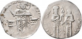 Andronicus II Palaeologus, with Michael IX, 1282-1328. Basilikon (Silver, 20 mm, 2.22 g, 6 h), Constantinopolis, 1304-1320. KVPIE BOHΘEI Christ, nimba...