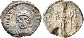 Justinian I, 527-565. Seal (Lead, 18 mm, 5.84 g, 12 h). DN IVSTINI-ANVS PF [AVG] Draped nimbate facing bust of Justinian I, wearing helmet with diadem...