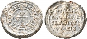 Michael, imperial protospatharios and komes of Opsikion, circa 850-950. Seal (Lead, 24 mm, 11.00 g, 12 h). +KЄ ROHΘH TⲰ CⲰ Δ૪ΛⲰ Patriarchal cross on t...